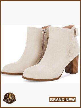 Suede Ankle Booties with Chunky Heel, Bow Detail, Side Zipper, Fall Dress Shoes